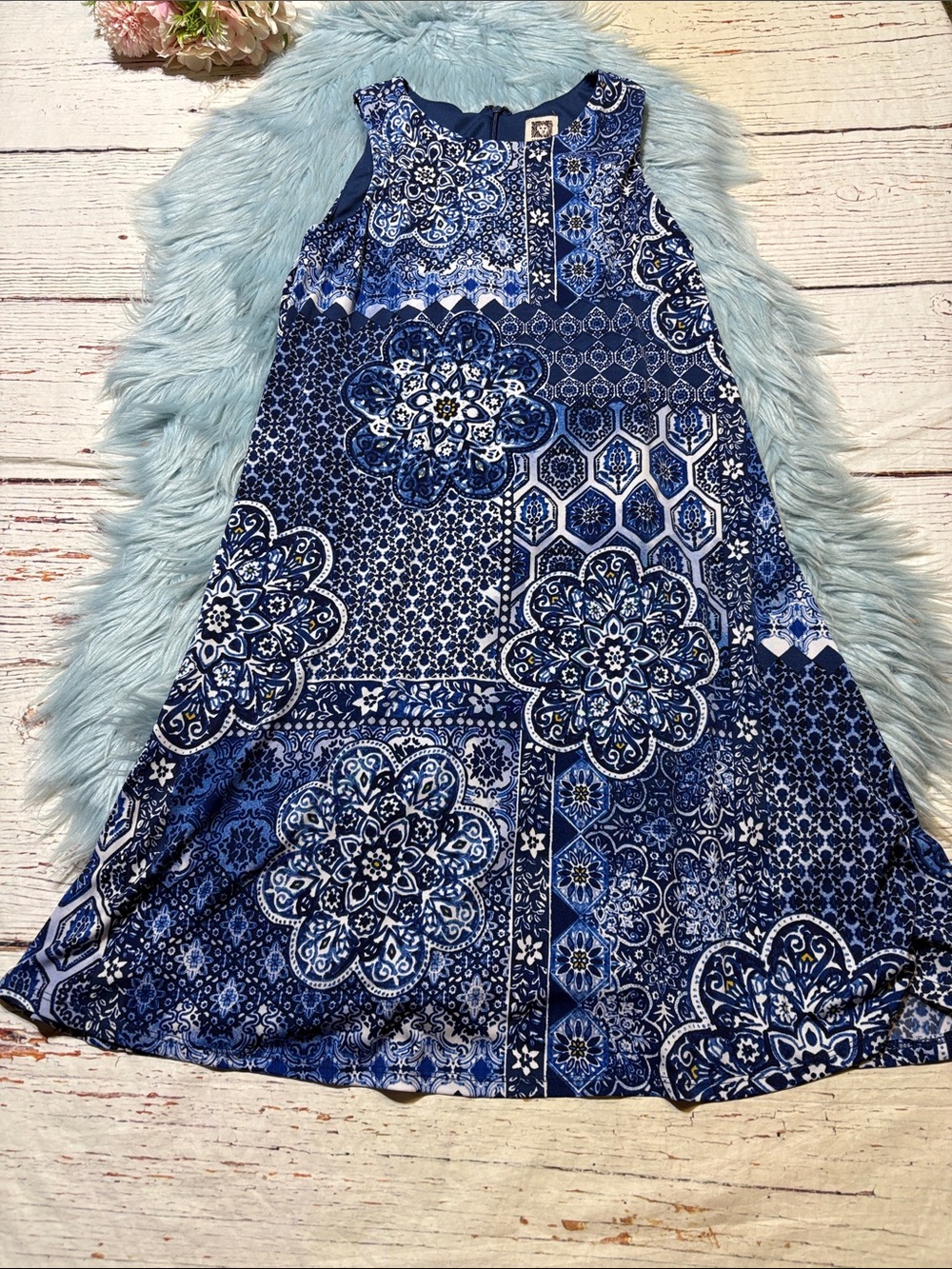 Anne Klein Blue Mosaic Print A-Line Sleeveless Dress sz 6